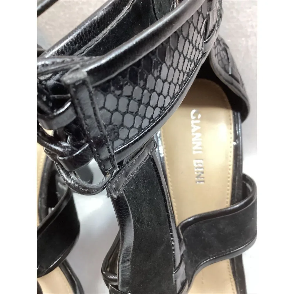 Gianni Bini Women 8 Black Heels Leather Suede T Strap Block‎ Shoes 3058